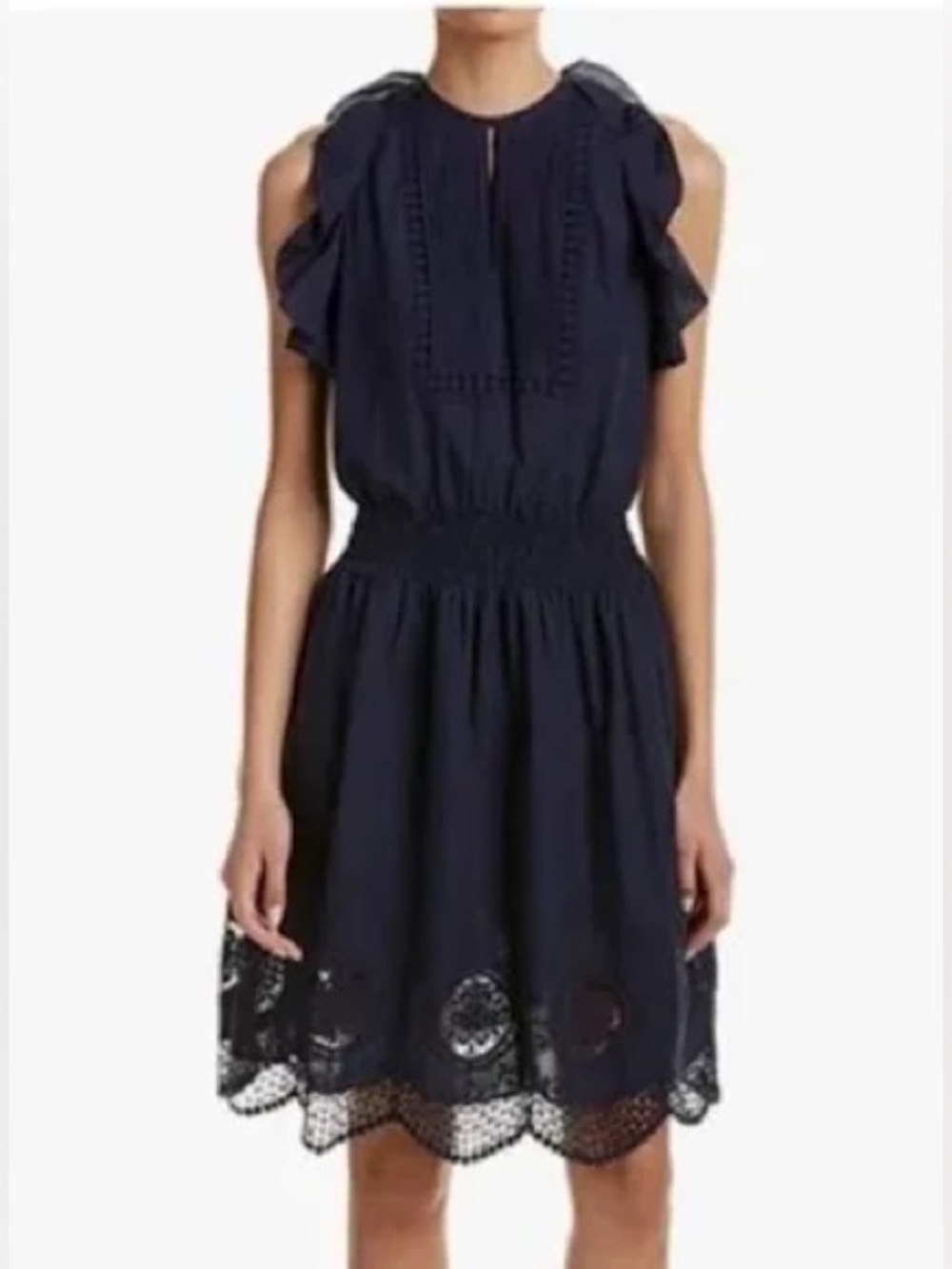 Shoshanna Alondra Navy Ruffle-Sleeve Cotton Lace-Hem Dress